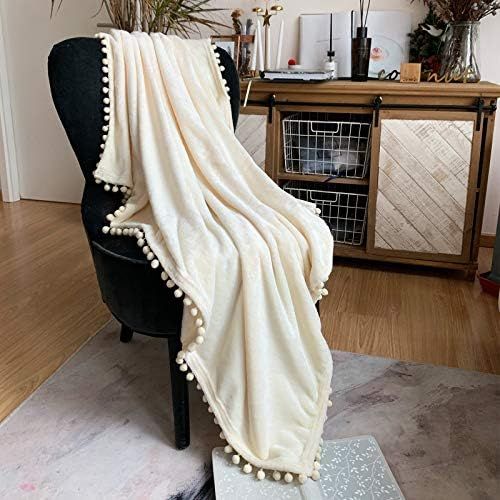 Amazon.com: LOMAO Flannel Blanket with Pompom Fringe Lightweight Cozy Bed Blanket Soft Throw Blan... | Amazon (US)