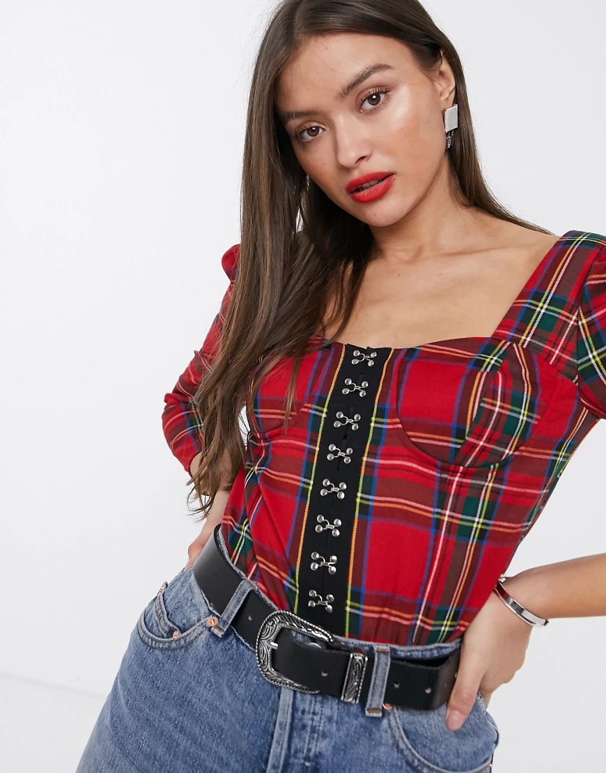 River Island corset top in red plaid check | ASOS (Global)