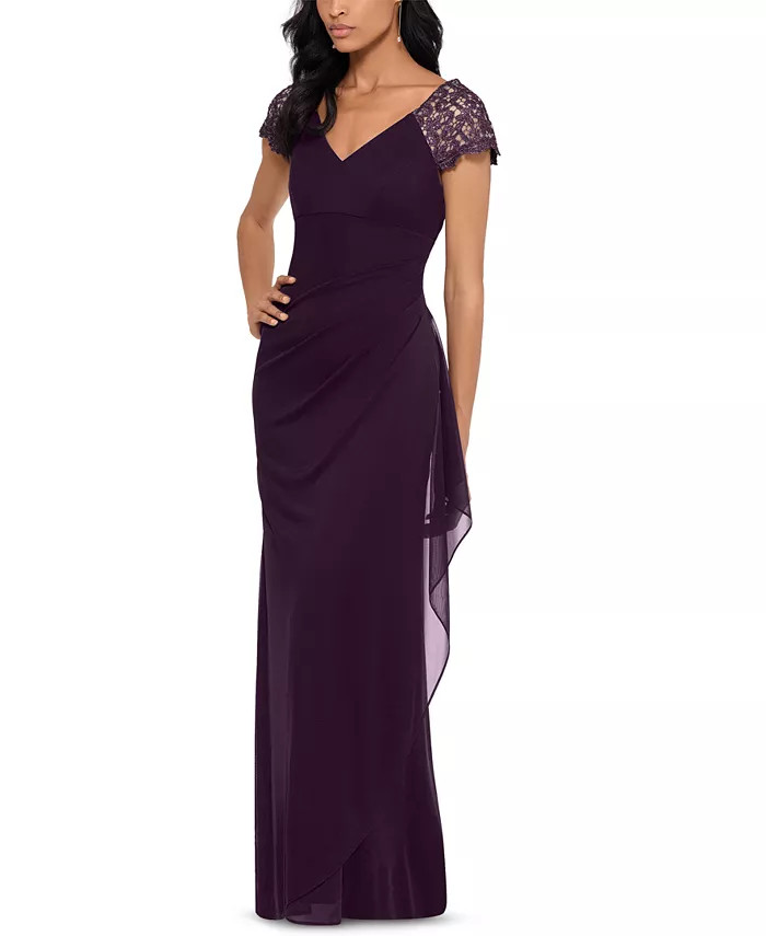 XSCAPE Lace-Sleeve Chiffon Gown - Macy's | Macys (US)
