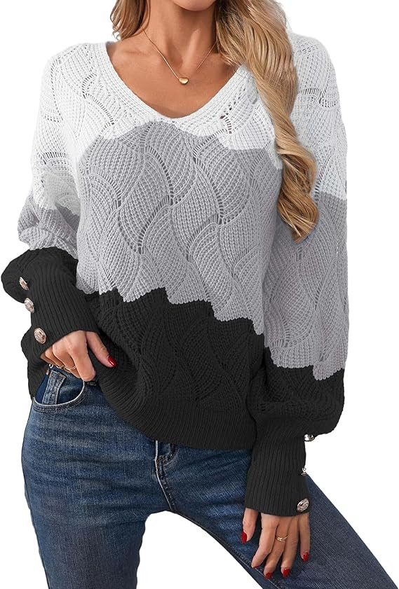 Womens Oversized Cute Color Block Button Sweater Spring 2026 Lightweight Crochet Knit Sexy V Neck... | Amazon (US)