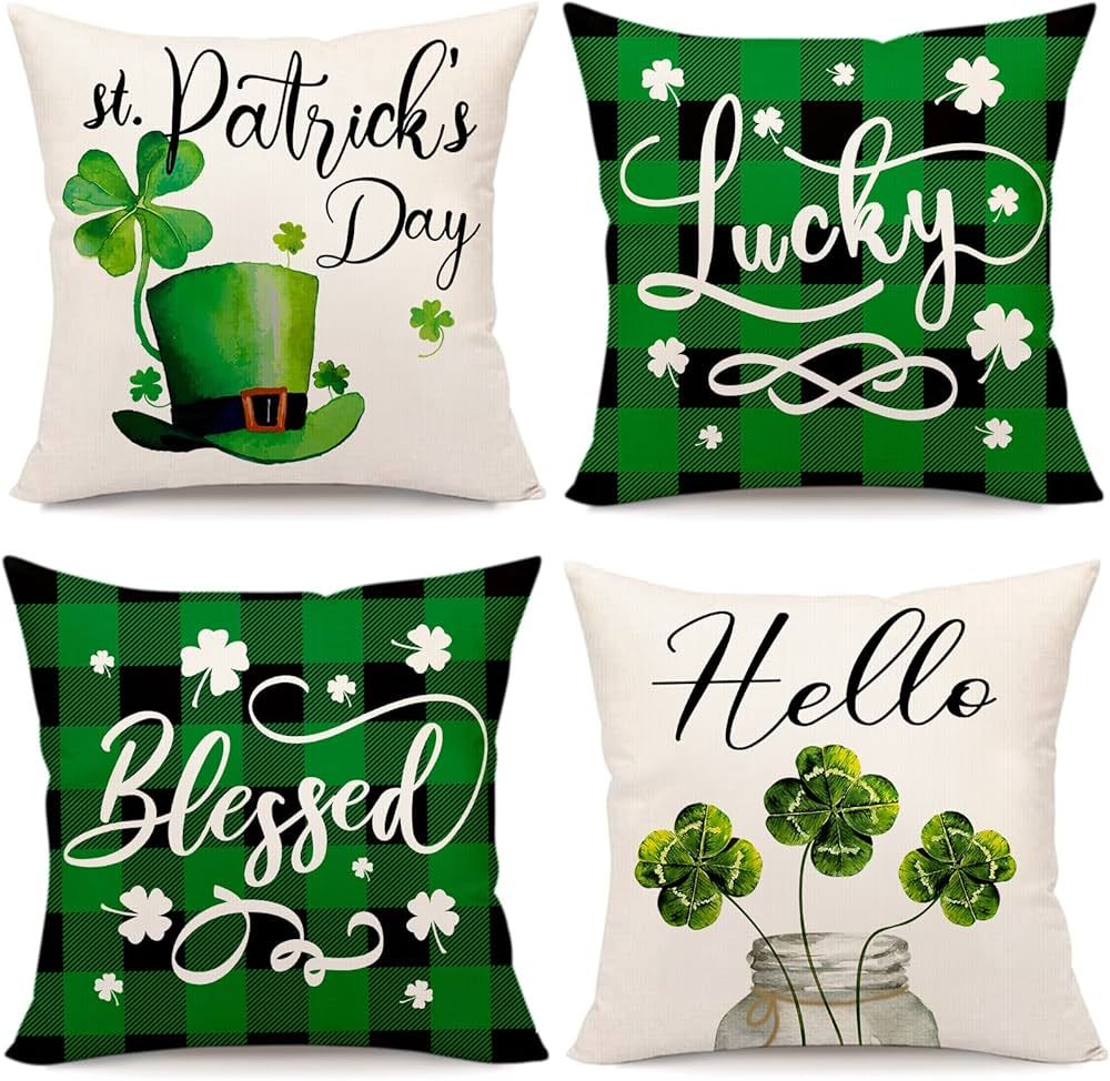 AOKE St. Patrick's Day Pillow Covers 18x18 Inches, Lucky Clover Shamrock Gnome Throw Cushion Case... | Amazon (US)