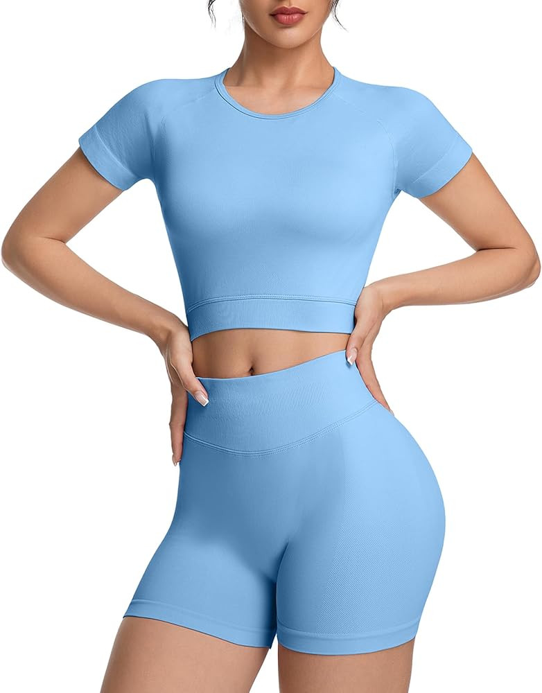 OVESPORT 2 Piece Workout Sets for Women Impact Crop Top Shirts and Seamless Gym Shorts Outfits | Amazon (US)