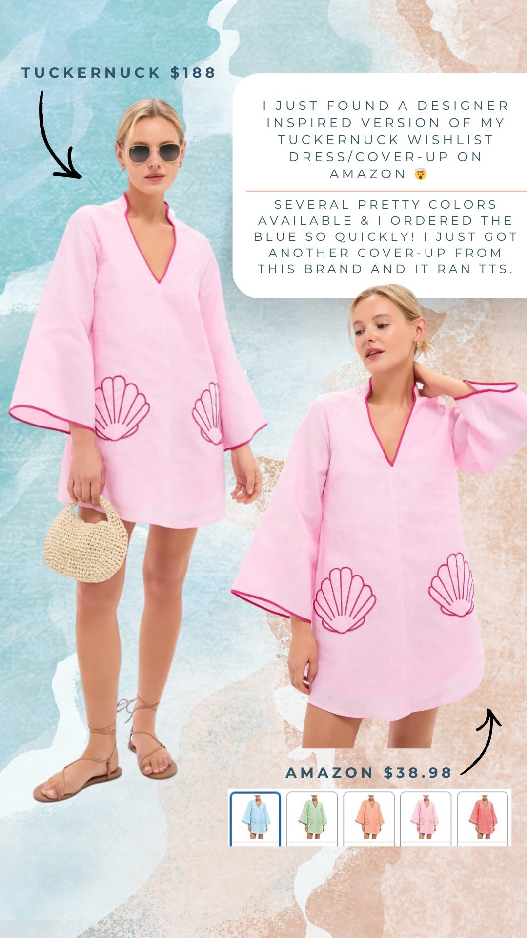 Absolutely wild. Adesigner inspired version of my Tuckernuck wishlist dress/coverup with shell detail showed up on Amazon! I grabbed the blue and green. I have another coverup from this brand I was thrilled with that was TTS so I ordered my regular size on this. Tuckernuck version is $188; amazon is under $39! Amazon finds amazon beach vacation outfit coverup beach trip pool outfit amazon fashionn

#LTKOver40 #LTKTravel #LTKSwim