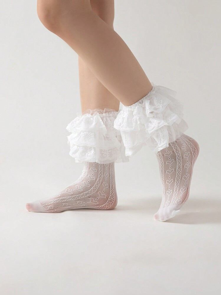 ROMWE Kawaii Women's Solid Color Lace Trim Mid-Calf Socks, Fashionable For Daily Wear | SHEIN