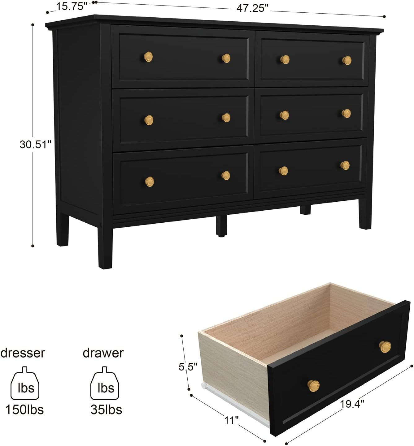 CARPETNAL Black Dresser for Bedroom, Modern 6 Drawer Double Dresser with Wide Drawers and Metal H... | Amazon (US)