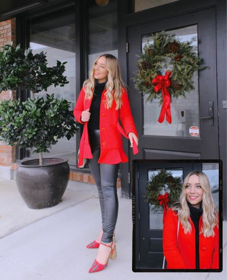 HOLIDAY GLAM LOOKS: Love a classic red coat for the holidays paired with a statement plaid print shoe! I also linked my favorite faux leather leggings  

#LTKunder100 #LTKSeasonal #LTKHoliday
