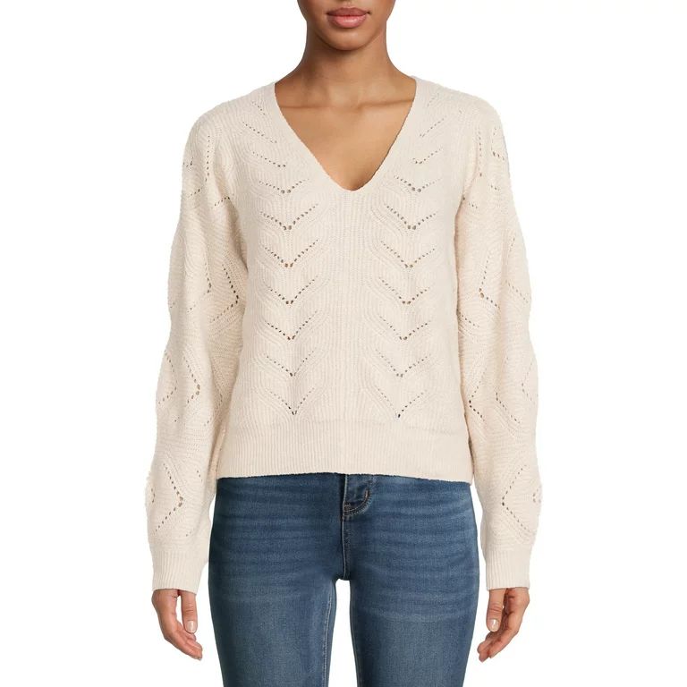 Wild Skye Juniors' Pointelle V-neck Sweater | Walmart (US)