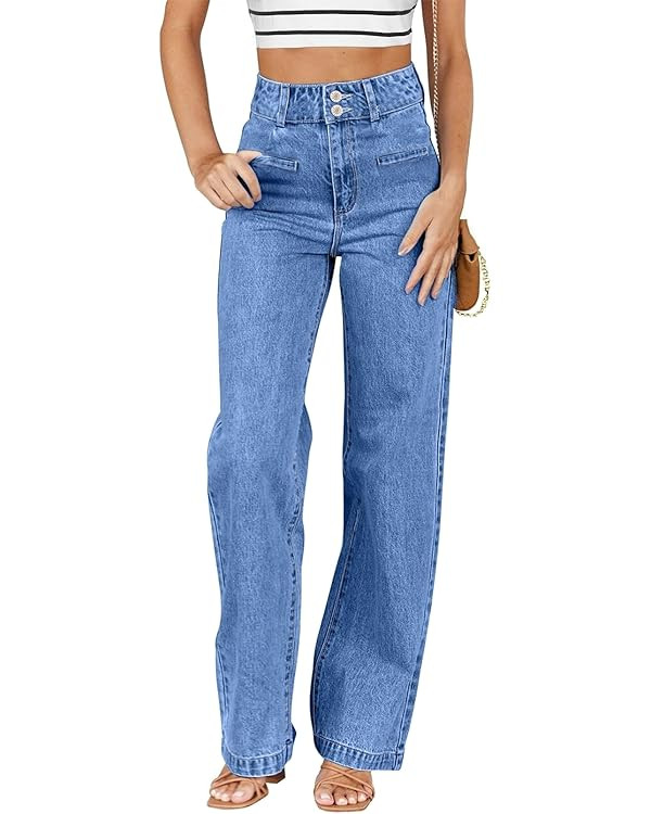 Sidefeel Women's Jeans High Waisted Straight Leg Stretchy Jeans Trendy Welt Pockets Loose Wide Le... | Amazon (US)