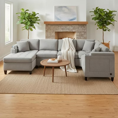 Merax U-Shaped Modular Sectional Sofa with USB Ports, Storage Armrests & Cup Holders, Light Gray | Target