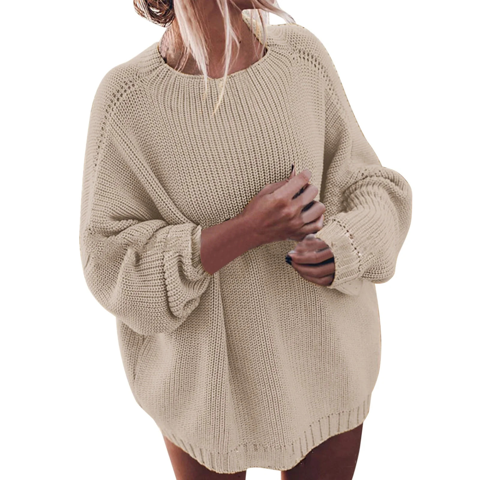 Women's Long Sleeve Crewneck Pullover Sweaters Loose Plus Size Round Neck Pullover Solid Color Kn... | Walmart (US)