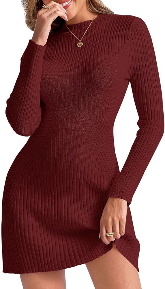 Saodimallsu Womens Long Sleeve Sweater Dress Bodycon Crew Neck Fall Slimming Knit Mini Dresses | Amazon (US)