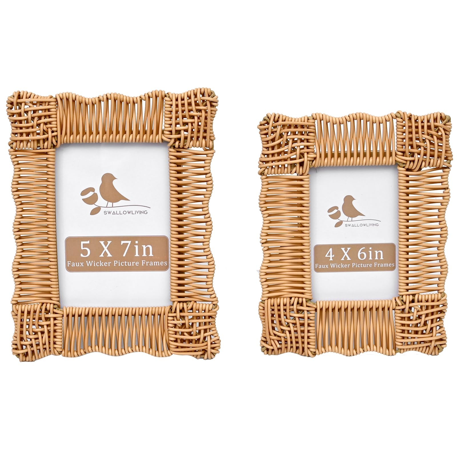 Boho & Farmhouse Style Rattan Photo Frames Set of 2 - Faux Wicker, Rustic Charm, Durable Construc... | Amazon (US)