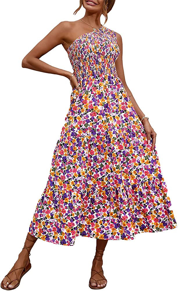 BTFBM Women One Shoulder Sleeveless Casual Summer Dresses 2023 Smocked High Waist Floral Flowy Be... | Amazon (US)