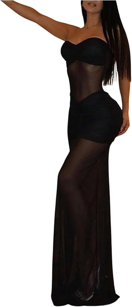 GORGLITTER Women's Mesh Strapless Maxi Dress Ruched Tube Top Bodycon Long Party Formal Wedding Gu... | Amazon (US)
