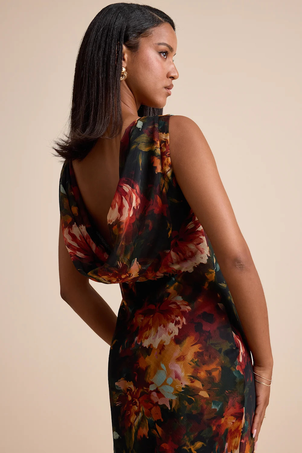 Yaneli Black Multi Floral Boat Neck Cowl Back Maxi Dress | Lulus