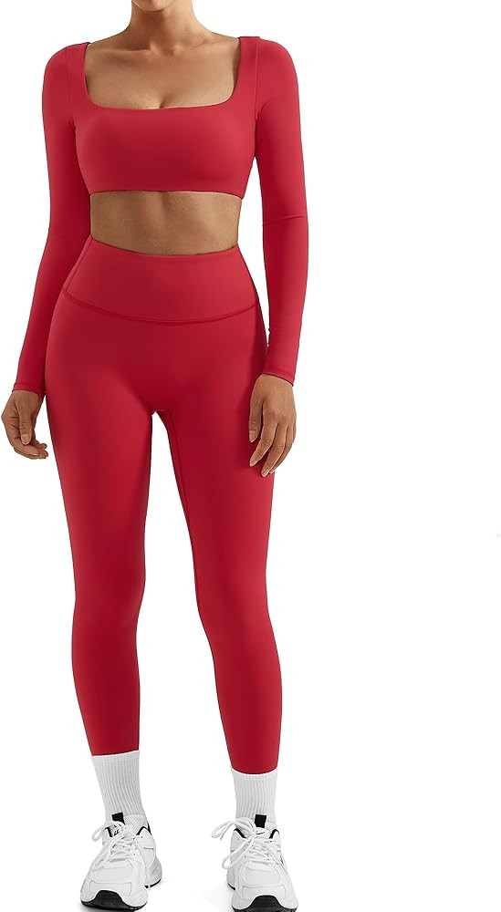 SUUKSESS Women 2 Piece Workout Sets Compression Tummy Control Leggings with Pockets Long Sleeve S... | Amazon (US)