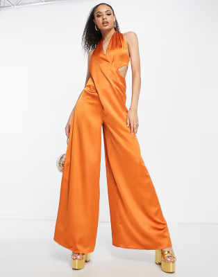 ASOS DESIGN drape cross front halter jumpsuit with cut out in copper | ASOS | ASOS (Global)