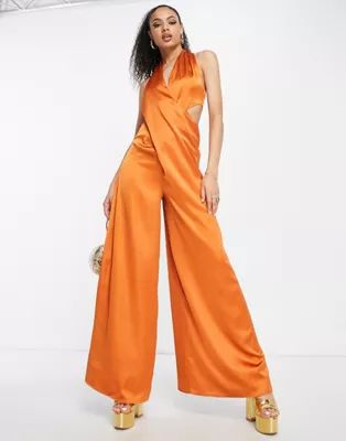 ASOS DESIGN drape cross front halter jumpsuit with cut out in copper | ASOS | ASOS (Global)