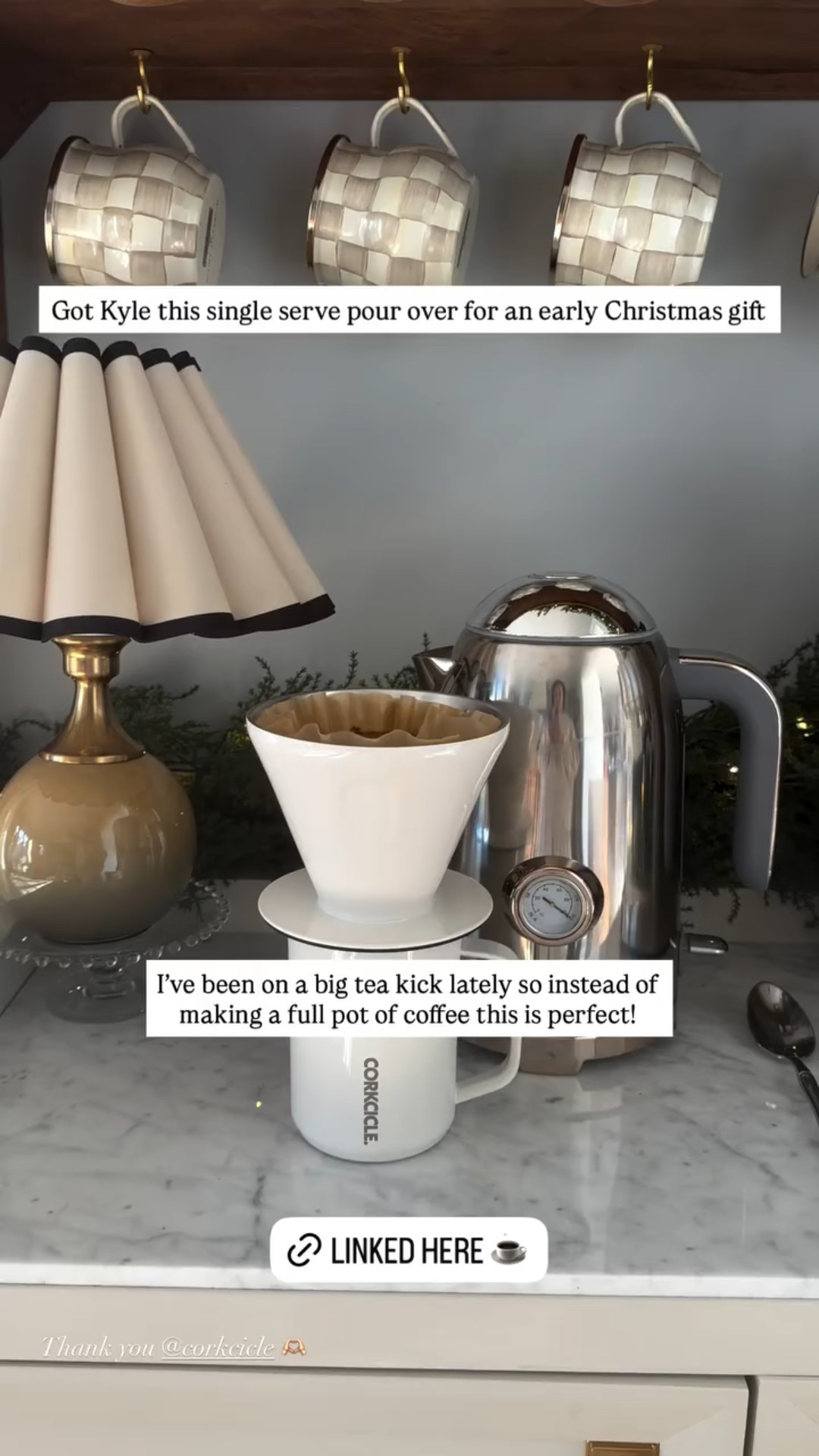 Got Kyle this single serve pour over for an early Christmas gift  I’ve been on a big tea kick lately so instead of making a full pot of coffee this is perfect!  Thank you @corkcicle 🫶🏻