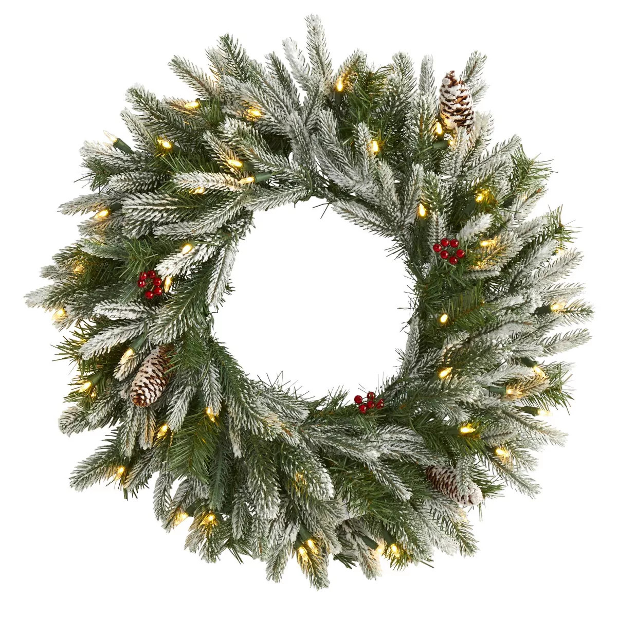 Nearly Natural 24" Pre-lit LED Flocked Pine Artificial Christmas Wreath with Pinecones: Indoor/Ou... | Target