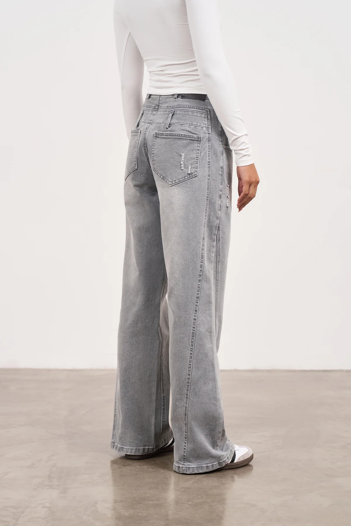 DISTRESSED DOUBLE WAISTBAND JEANS - GREY WASH | The Couture Club