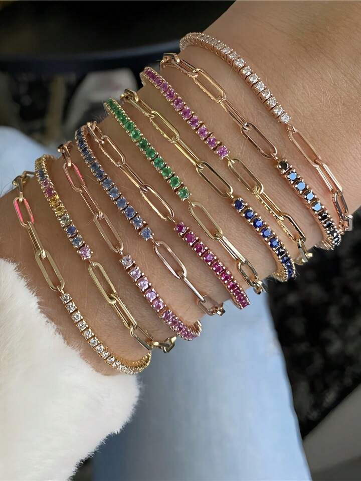 1pc Elegant 18K Gold Plated Stainless Steel Bracelet For Women - Colorful Crystal Decor Adjustabl... | SHEIN