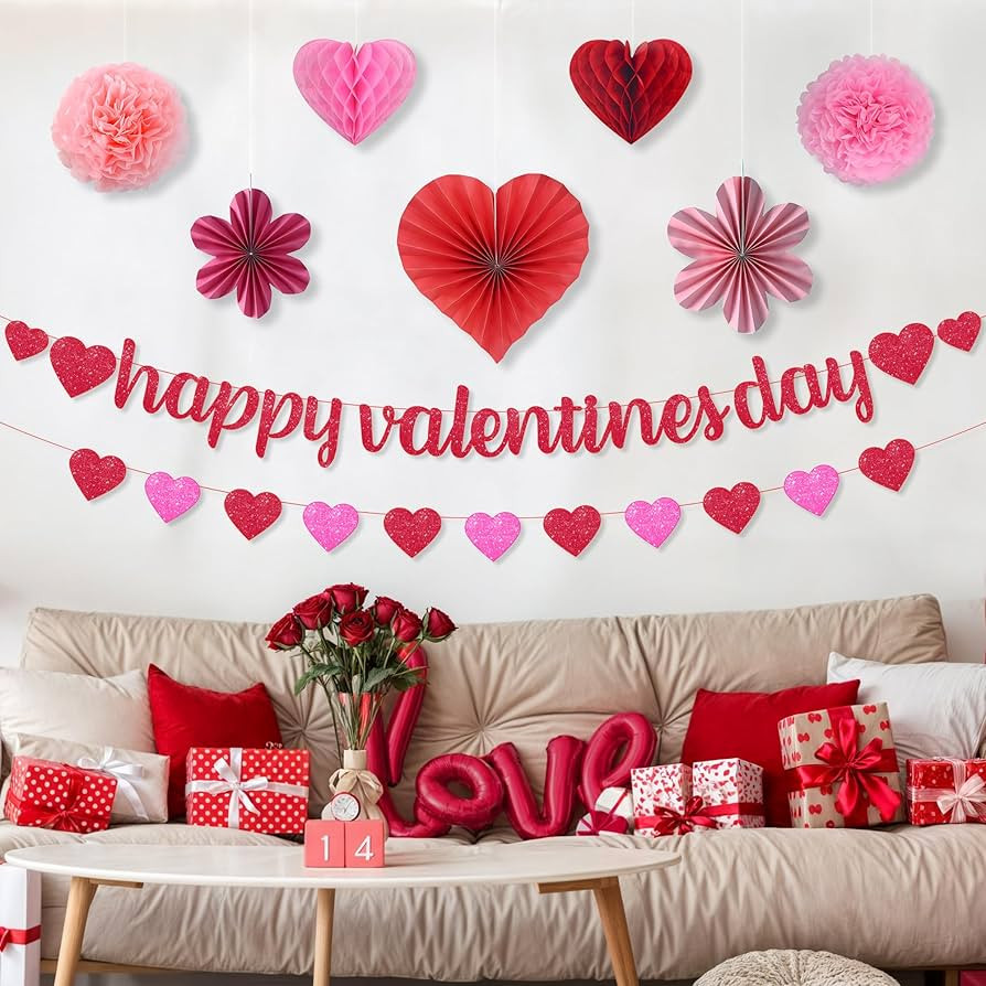KatchOn, Happy Valentines Banner Set - Pack of 9 | Glitter Valentines Banner, 10 Feet | Heart Gar... | Amazon (US)