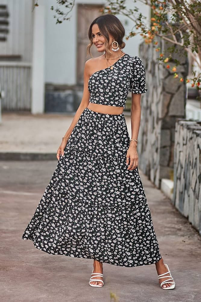 PRETTYGARDEN Women's 2 Piece Summer Outftis Casual Floral One Shoulder Crop Top High Waisted Maxi Sk | Amazon (US)