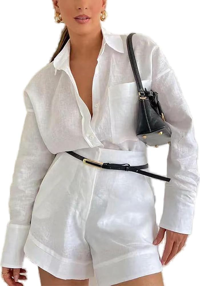 Unybwonn Shorts Sets Women 2 Piece Outfits Casual Long Sleeve Button down Blouses Shirts Tops Hig... | Amazon (US)
