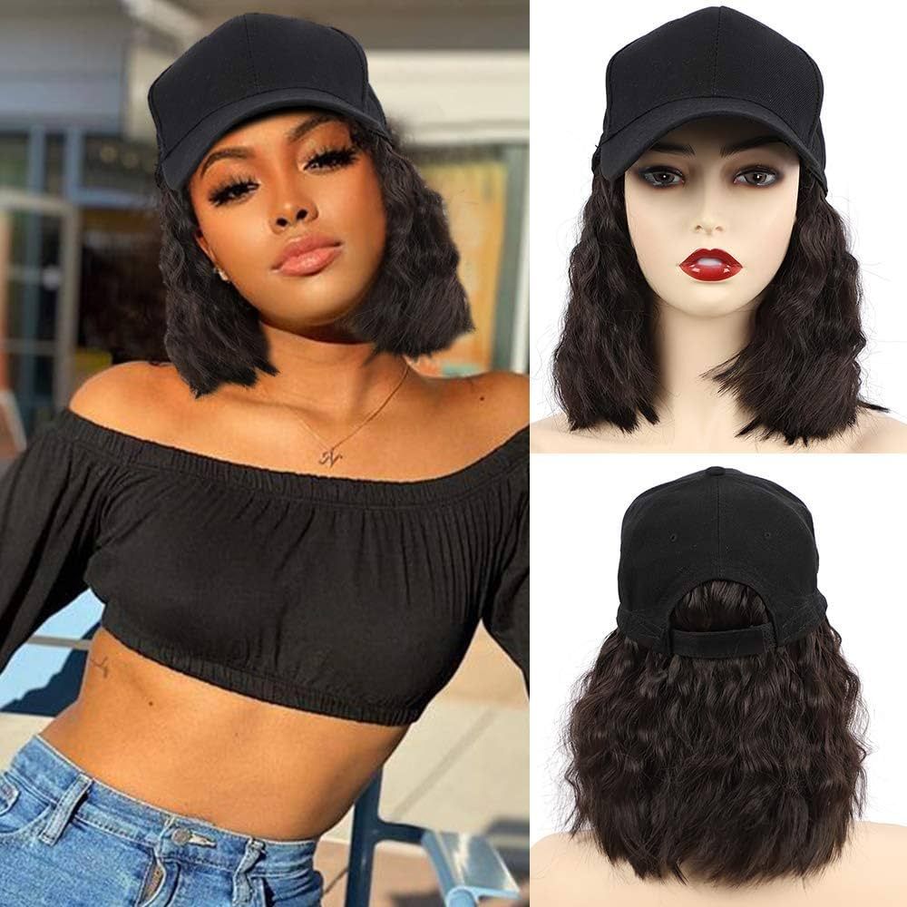 Hat Wig for Women, Short Wave Baseball Cap Wig with Curly Synthetic Hair Extensions, Adjustable B... | Amazon (US)