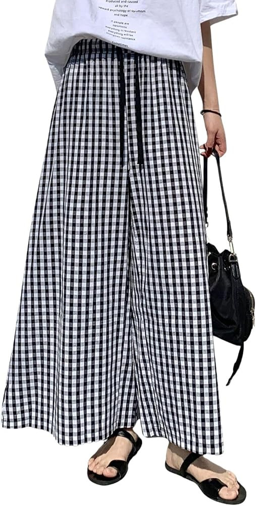 chouyatou Women's Plaid Wide Leg Culotte Pants Gingham High Elastic Waisted Cropped Palazzo Pants... | Amazon (US)