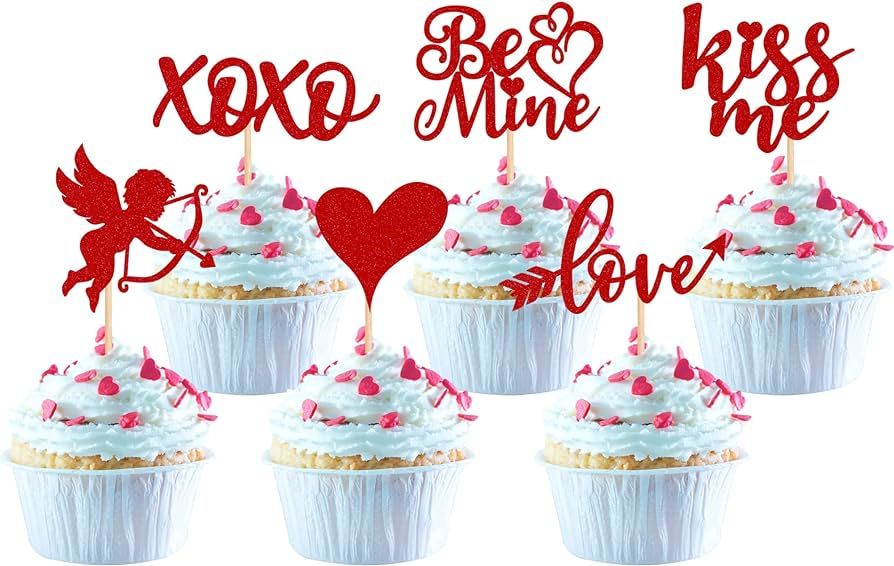 36 Pack Valentine's day Cupcake Toppers Red Glitter Sweet Love Kiss Me Cupid Be Mine Cupcake Food... | Amazon (US)