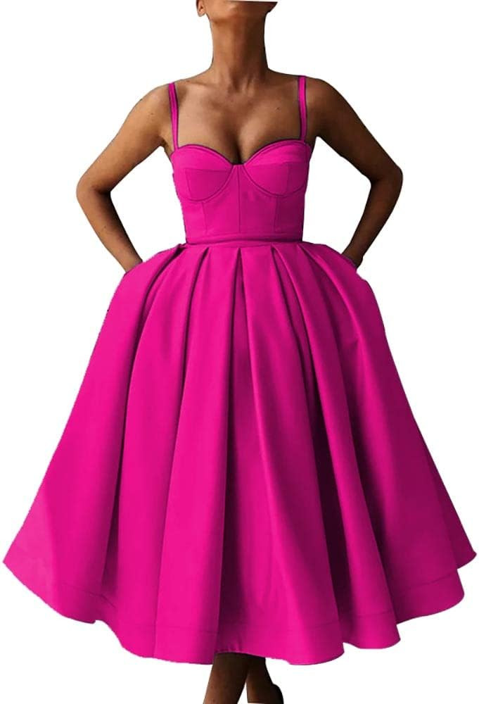 XIMILU Women's Spaghetti Strap Pleated Sleeveless Homecoming Dresses Short Satin A Line Cocktail ... | Amazon (US)