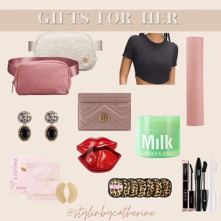 Gifts for her. Gift guide for her. Lululemon belt bag. Lululemon yoga mat. Gucci Marmont card wallet. Double GG earrings with black crystals. Make up eraser. Lancôme mascara set. Lip mask. 

#LTKbeauty #LTKGiftGuide #LTKHoliday