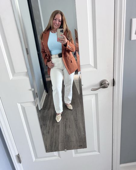This easy skim like tee is perfect for Summer. The baby color against this rich Carmel shade is perfect for the work day.I love it paired with my gold flats @birdies woven mules are super comfortable. M favorite creme shade jeans  completes the look and my nutmeg blazer… easy styling 

#LTKShoeCrush #LTKWorkwear #LTKFindsUnder50