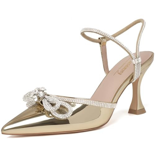 Susanny Gold Rhinestone Heels for Women Bow Heels Evening Party Ankle Strap Closed Toe Pumps Office Kitten Heels Dress Heeled Prom Shoes 7 | Amazon (US)
