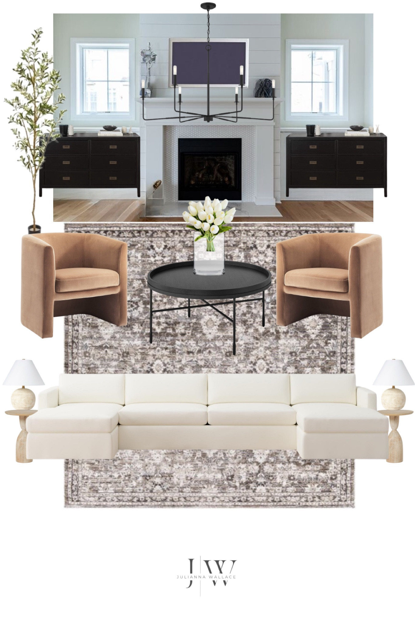 Living room refresh 
Sectional couch 
Coffee table 
Faux olive tree
Side table and lamp
Area rugs 