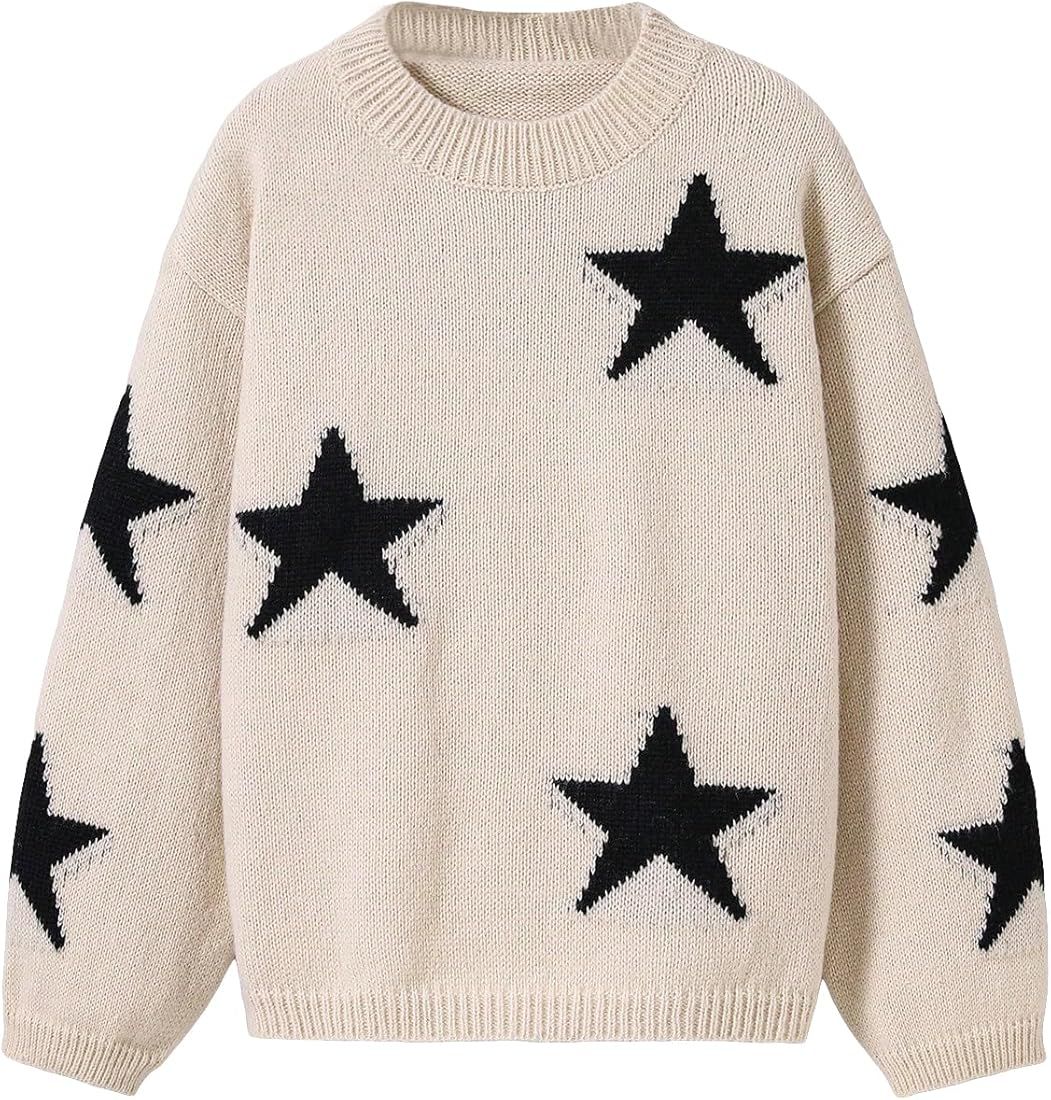 SweatyRocks Girl's Star Pattern Long Sleeve Round Neck Drop Shoulder Casual Pullover Sweater | Amazon (US)