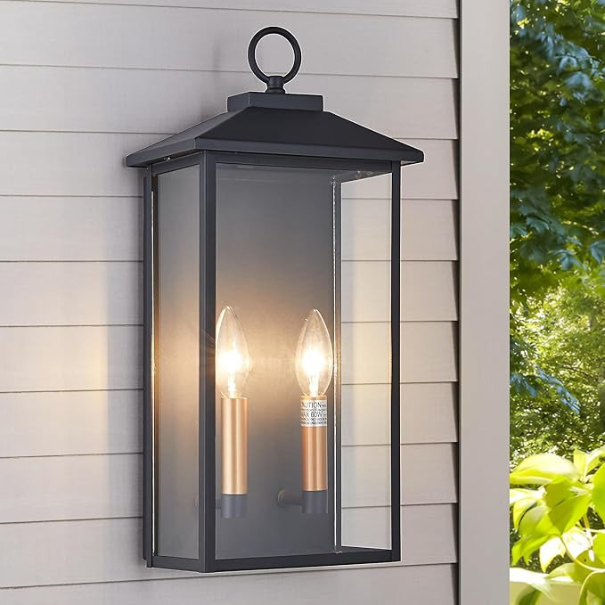 18 Inch Wall Light in Clear Glass and Textured Black and Golden Candle Cap Sleeve,Outdoor Lightin... | Amazon (US)