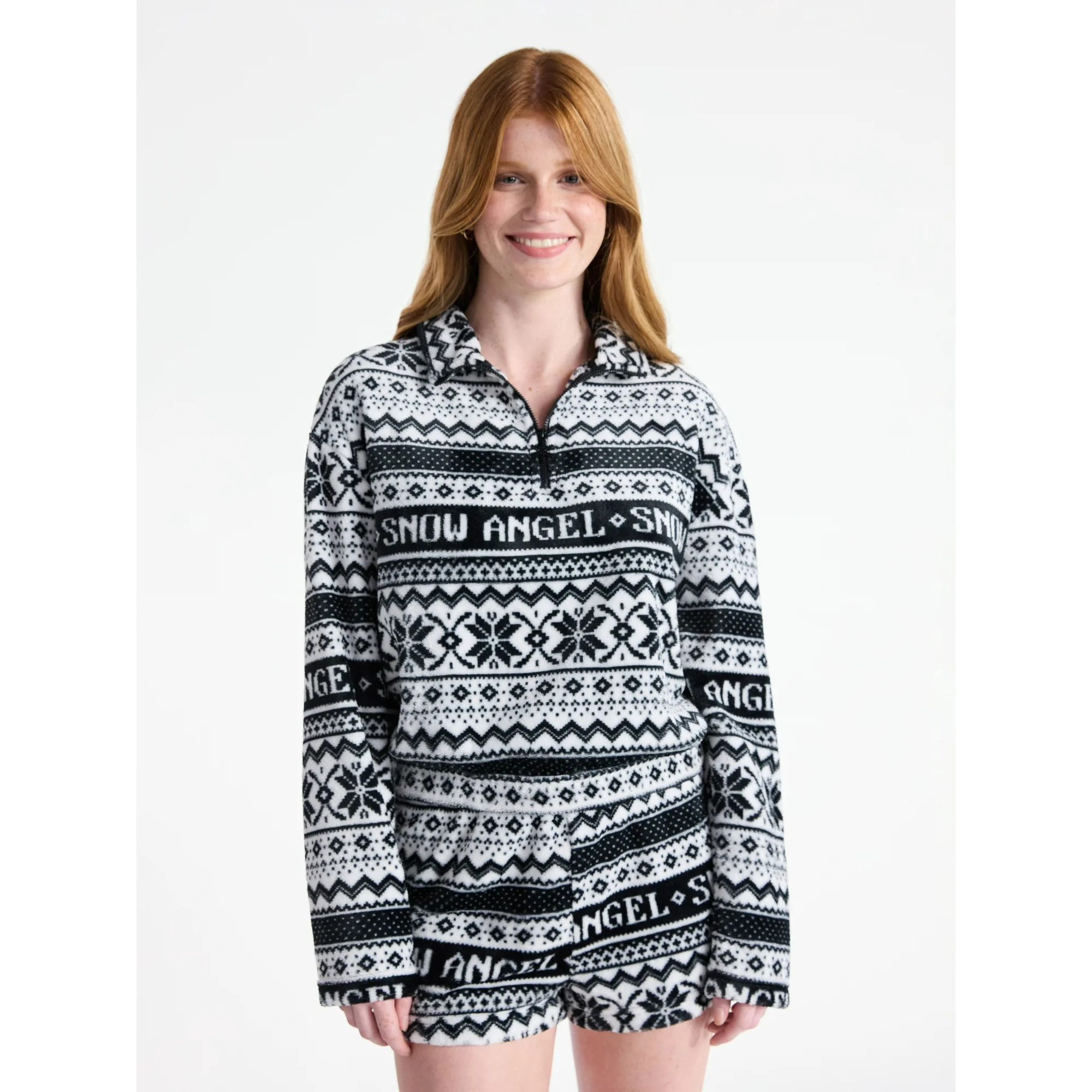 No Boundaries Christmas Quarter Zip Mock Neck Plush Top with Long Sleeves, Women's | Walmart (US)