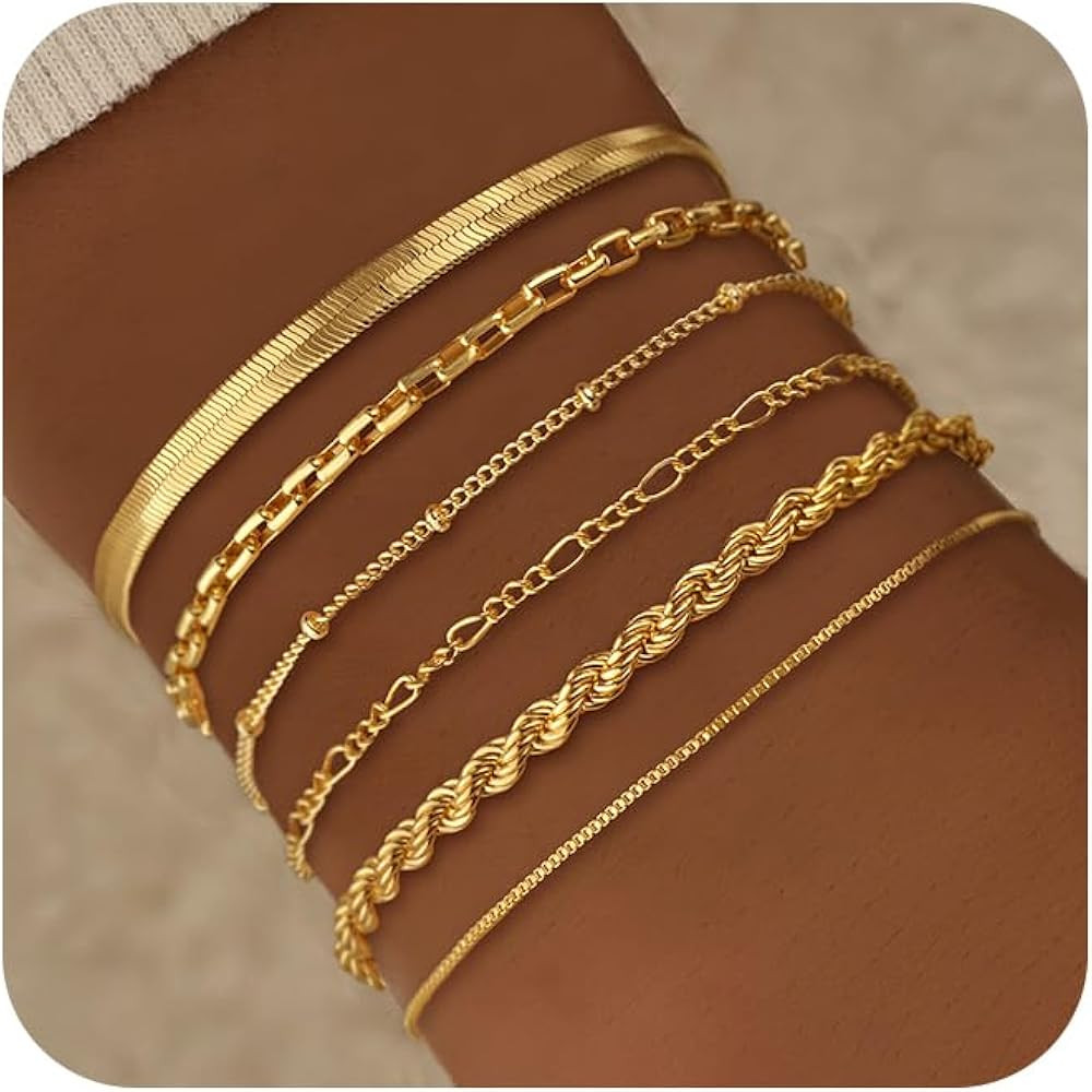 Gold Bracelets for Women 14k Real Gold Plated Dainty Bracelet Stack Set for Women Trendy Cuban Pa... | Amazon (US)