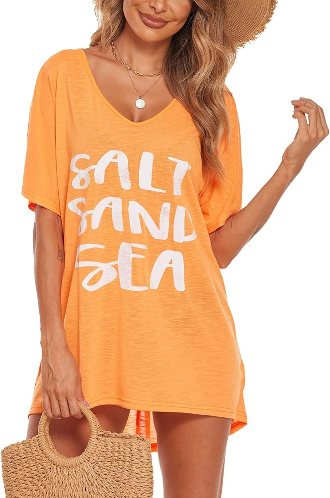 AI'MAGE Bathing Cover Ups T-Shirt Dress Short Sleeve Bikini Cover Beach Dress | Amazon (US)