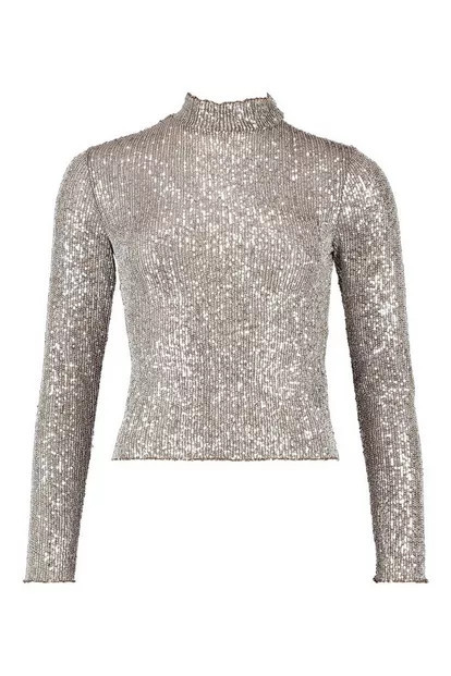 Sequin High Neck Long Sleeved Top | Boohoo.com (UK & IE)