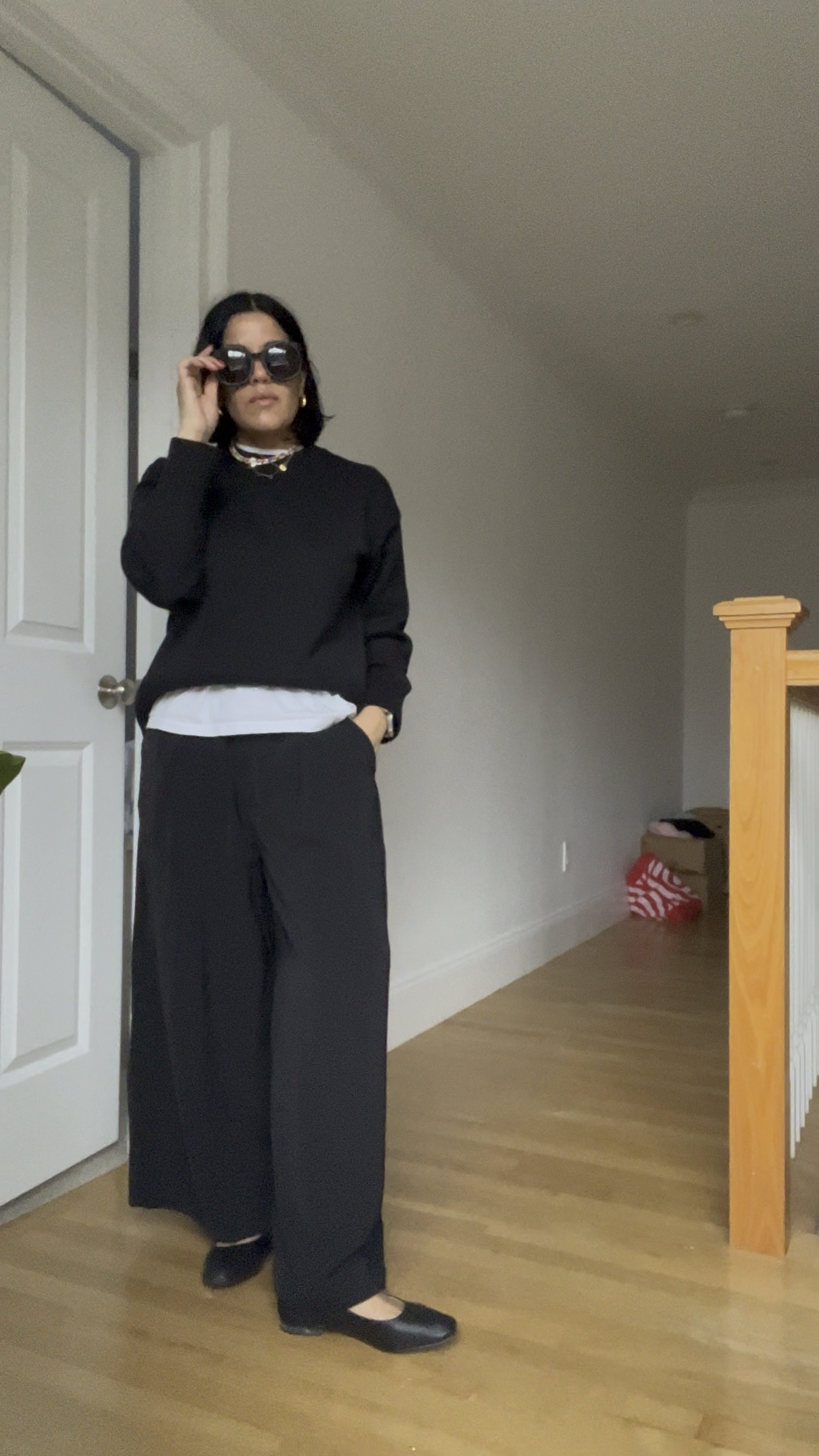 Cute and comfy. I went with petite pants (i’m 5’3 ) and wore them low, stick with regular length if you want them highwaisted or longer! 
I am wearing a medium in the sweater, which is a little oversized on me, which I love. 
Shoes are true to size.