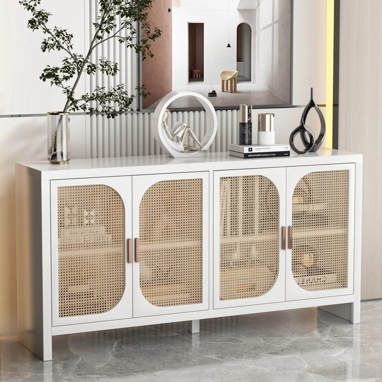 Rattan Storage Cabinet with 4 Doors, Sideboard Buffet Cabinet with Storage, Metal Handle, Modern ... | Walmart (US)