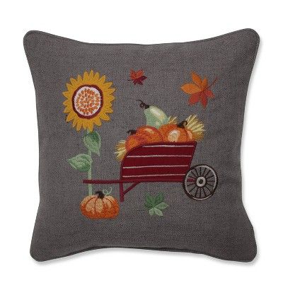 Pumpkins/Sunflower and Wheelbarrow Embroidered Throw Pillow - Pillow Perfect | Target