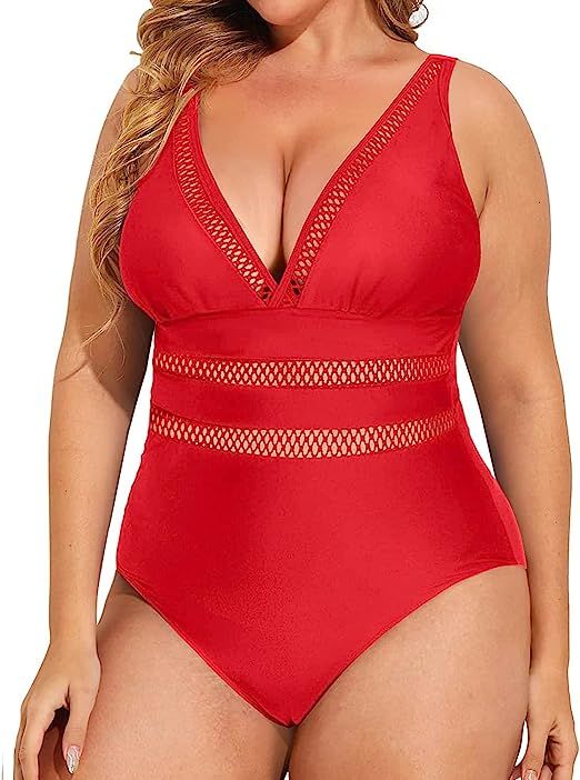 Daci Women Plus Size One Piece Swimsuits Sexy V Neck Tummy Control Bathing Suit Swimwear | Amazon (US)