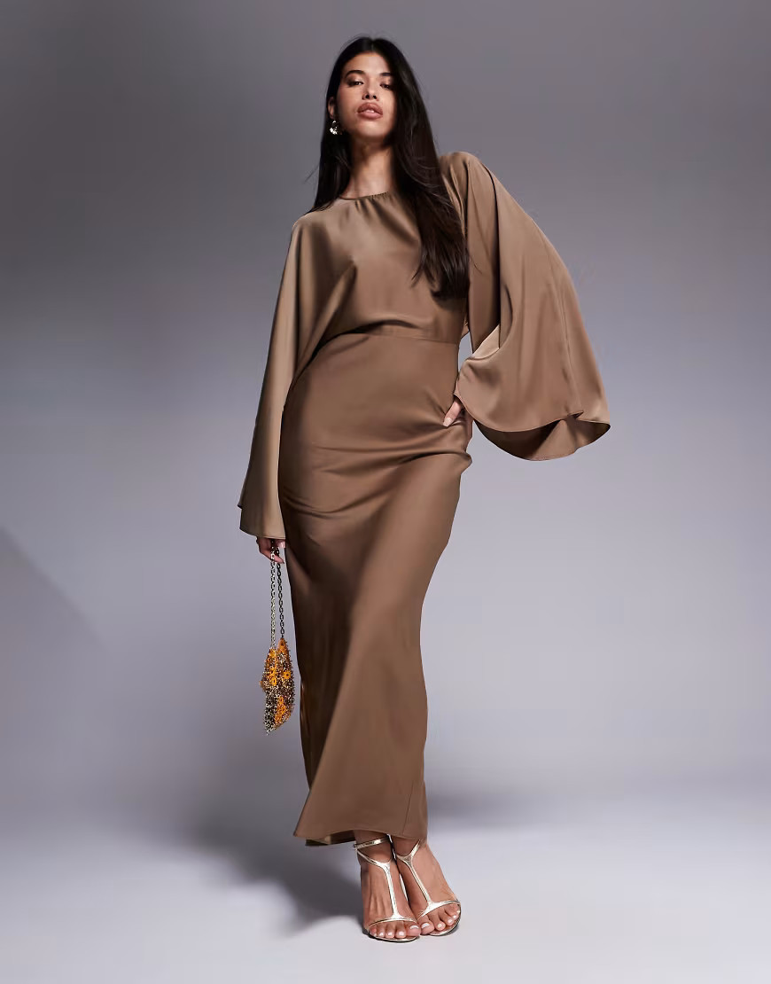 ASOS DESIGN textured satin batwing bias cut waist maxi dress in cocoa-Brown | ASOS (Global)