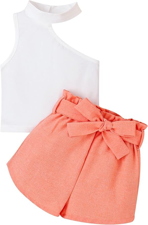 ZMBKDKHJK Toddler Girls Summer Outfits One Shoulder Sleeveless Tank Top Belt Shorts Set Little Gi... | Amazon (US)