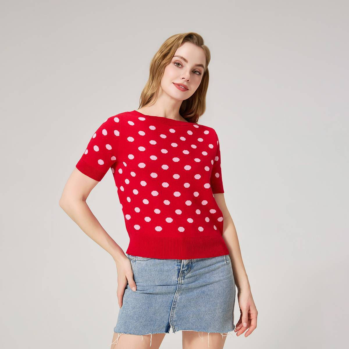 Women's Short Sleeve Crewneck Jacquard Sweater - Wild Fable™ Red Polka Dots XL | Target